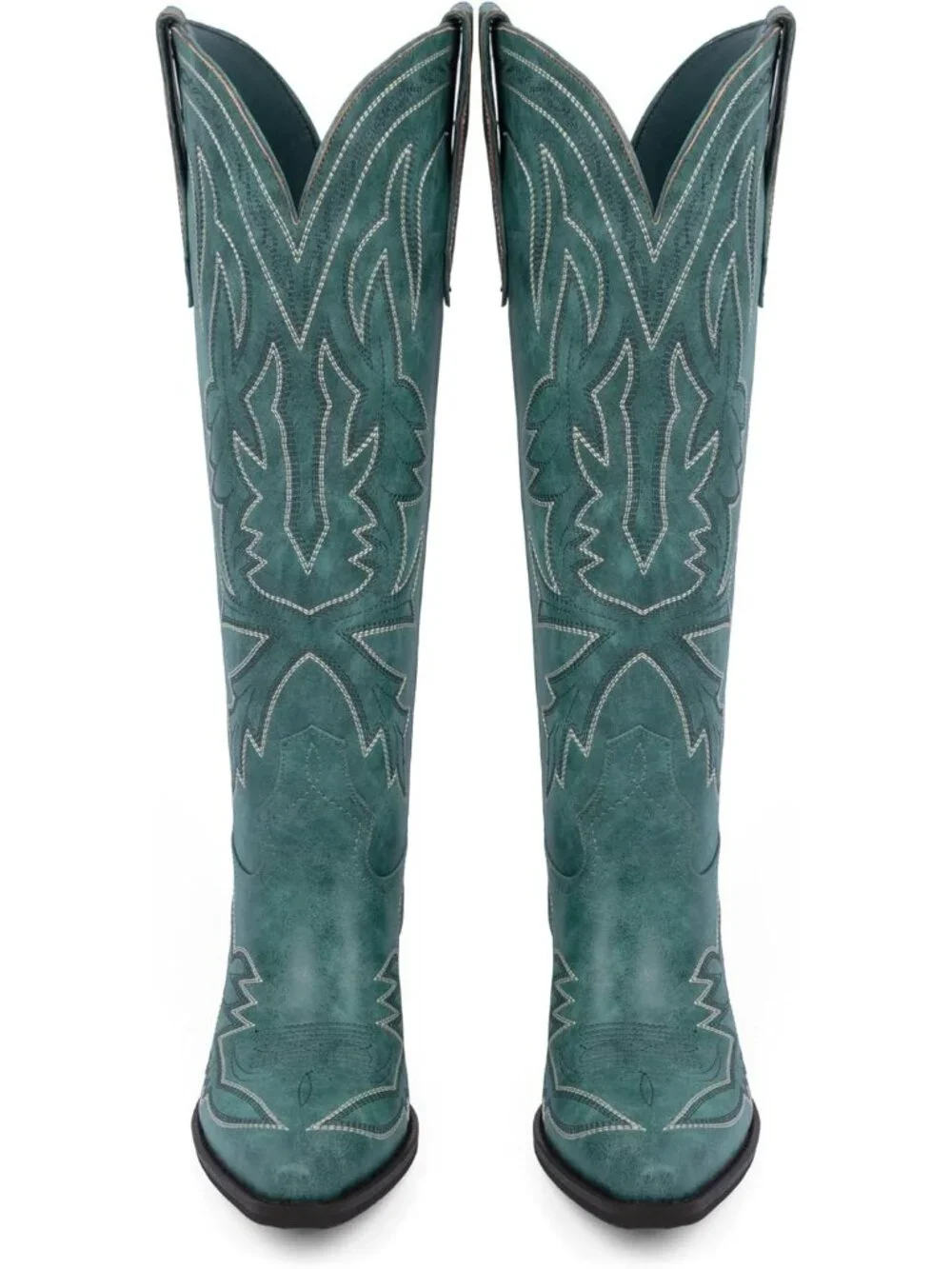 Women's Teal Knee High Boots Embroidered Pull on Pointed Toe Chunky Heel